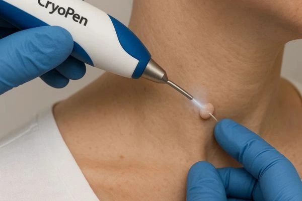 Person receiving cryotherapy Corby for skin tag removal