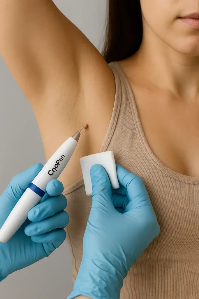 woman having cryopen to remove underarm skin tags Corby